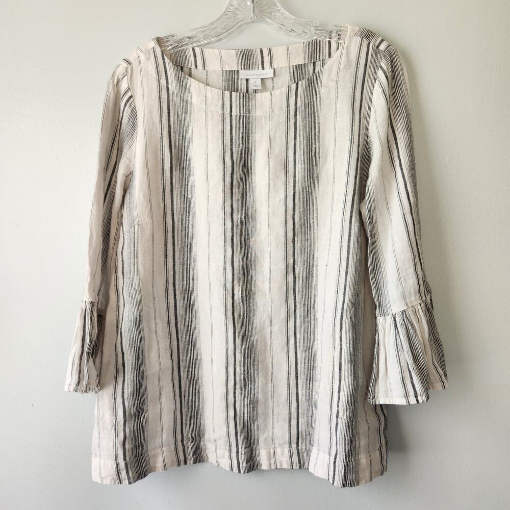 Charter Club Linen Top Womens M White Black Stripe Beach Coastal Hamptons Resort